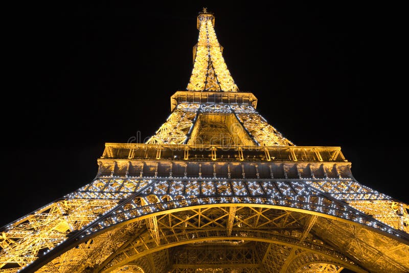 PARIS - JULY 24: The Eiffel Tower illuminated at night. Wide angle, close up. Photo taken on July 24th, 2009