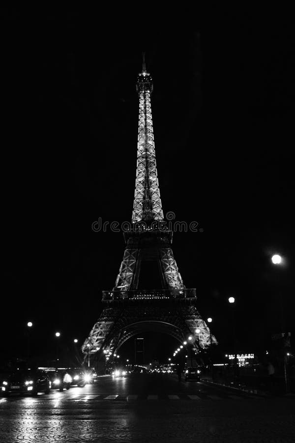 Eiffel Tower in Paris at Night, Black and White Editorial Photo Image