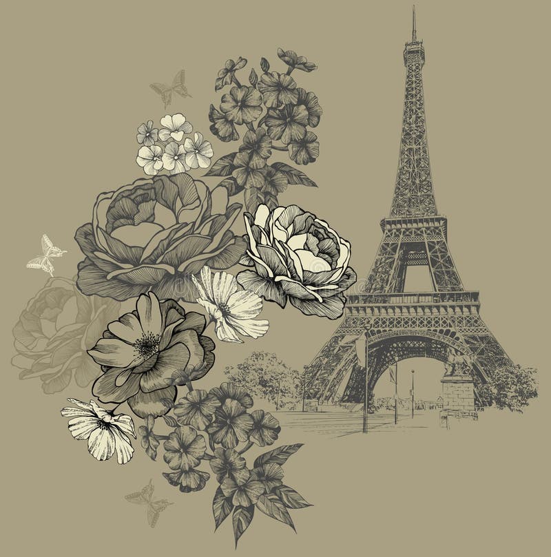 Eiffel Tower in Paris with flowers, vintage background. Hand drawing, vector illustration