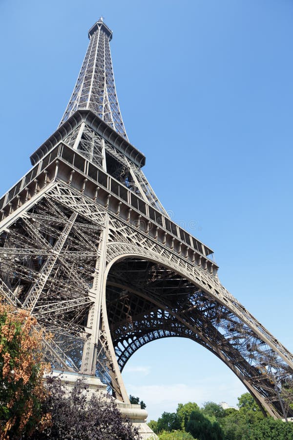 Eiffel Tower Paris France Looking Upwards Wide Angle View Stock Image