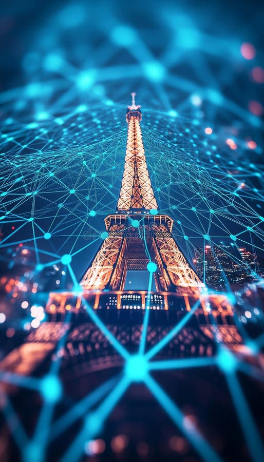 Eiffel Tower Paris Frankreich. Konzept der globalen digitalen Netzwerktechnologie Big Data. Konzept der globalen digitalen Netzwerk-Big-Data-Verbindungstechnologie, erstellt von der AI.