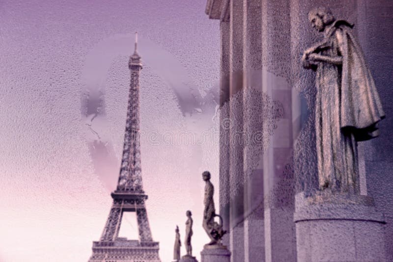 Eiffel tower from Trocadero, Paris, with view through wet glass window. (Retro style)