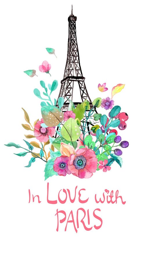 Eiffelturm mit Aquarellblumen stock abbildung Eiffelturm mit Aquarellblumen stock abbildung