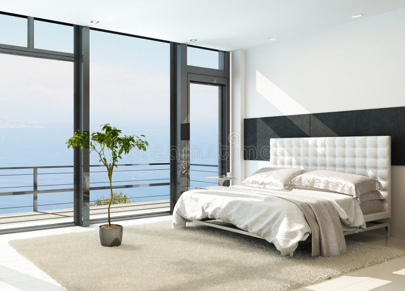 Eigentijds modern zonnig slaapkamerbinnenland met reusachtige vensters