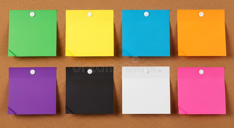 Eight colorful notes pinned to a cork board vector illustration