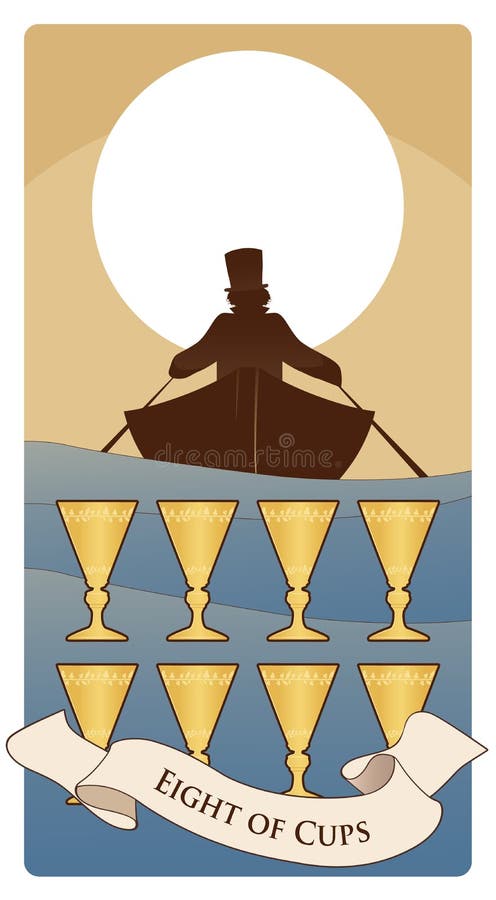 Eight of cups. Tarot cards. Boat silhouette on the waves, in which a man with a hat is rowing, moving away on the horizon.