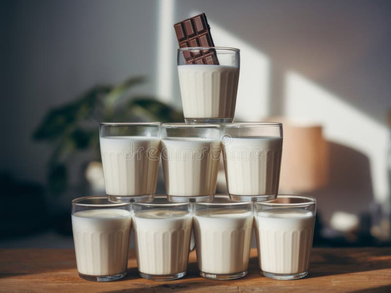 Eight glasses of milk arranged in a pyramid with a chocolate bar on top, captured in natural light on a wooden table, evoking a royalty free stock image