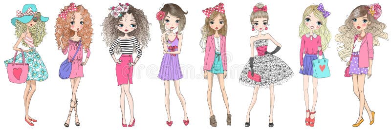 Eight hand drawn beautiful cute cartoon summer fasshion girls. royalty free illustration