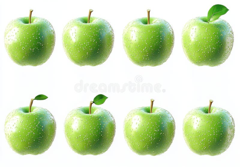 Eight Speckled Green Apples Arranged in Rows on White Background stock illustration