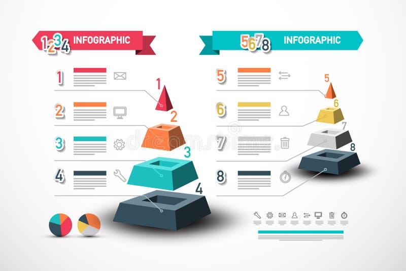 Eight Steps Infographic Design with Pyramid. Data Flow Vector Concept with Sample Text and Technology Web Icons. stock illustration Eight Steps Infographic Design with Pyramid. Data Flow Vector Concept with Sample Text and Technology Web Icons. stock illustration