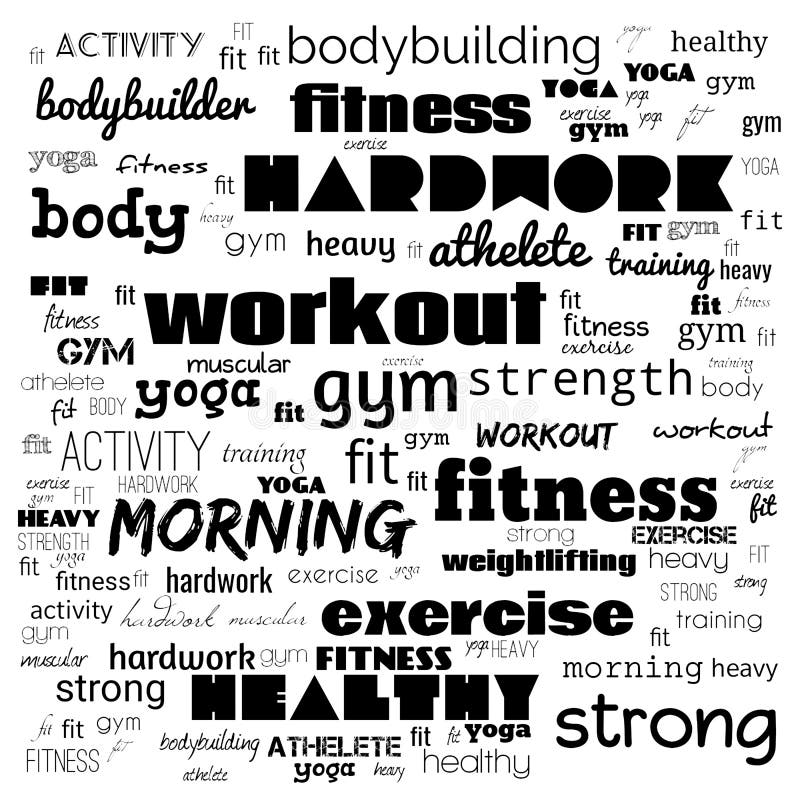 Fitness, sport, gym,lifestyle health concept,Word and Icon Cloud,T-shirt design,Creative poster design,Motivation,illustration,word cloud for gym concept in black background. Fitness, sport, gym,lifestyle health concept,Word and Icon Cloud,T-shirt design,Creative poster design,Motivation,illustration,word cloud for gym concept in black background