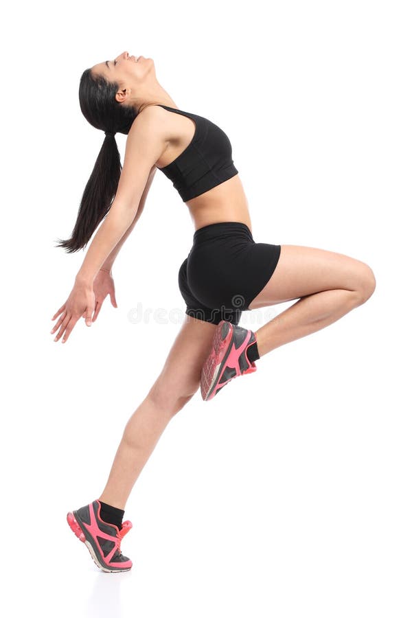 Fitness woman profile dancing doing aerobic exercises isolated on a white background. Fitness woman profile dancing doing aerobic exercises isolated on a white background