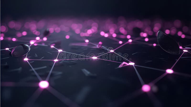 Ein abstrakter Netzwerkhintergrund mit leuchtenden violetten Knoten, die durch feine Linien verbunden sind und einen dynamischen u stock abbildung