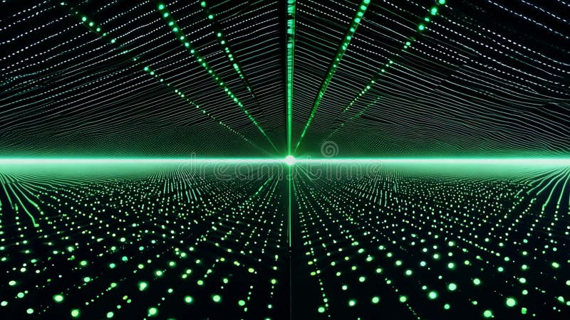 Ein abstraktes, grünes Matrix-Gitter mit leuchtenden Punkten und Linien, die sich unendlich bis ins Dunkle erstrecken. futuristisc vektor abbildung