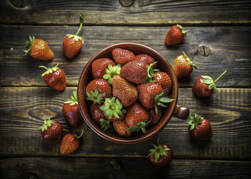 Ein altes Stillleben Juicy Erdbeeren in einer roten Schüssel gesetzt gegen einen geschliffenen Holz Hintergrund rustikale Charm stock abbildung