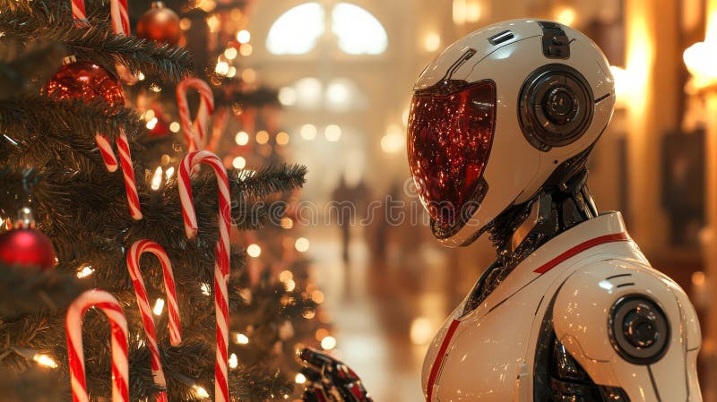 Ein android bewundert einen wunderschön dekorierten Weihnachtsbaum in festlicher innerer Umgebung. Ein Android steht neben einem Weihnachtsbaum mit Lichtern und Ornamenten und beobachtet dabei die Dekoration des Urlaubs in warmer Atmosphäre im Inneren. ai generiert