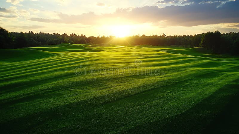 Ein atemberaubender Blick auf die üppig grünen Golfhügel, beleuchtet von einem atemberaubenden Sonnenaufgang, der die Schönheit de lizenzfreies stockbild