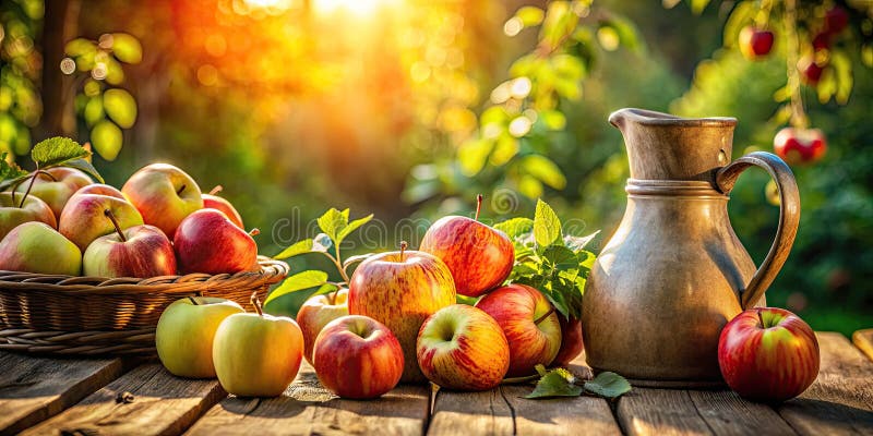 Ein atemberaubender Panoramablick auf einen rustikalen Apfelgarten, frisch gepflückt, Äpfel warmer Apfel und Holztisch stock abbildung