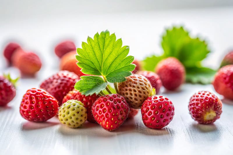 Ein atemberaubendes Stillleben frischer, wild lebender Erdbeeren Delikate rosa Beeren gegen einen unberührten weißen Hintergrund stock abbildung
