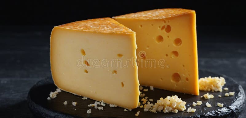 Ein atemberaubendes ultraHD-Bild eines Stücks alten Käse mit tiefgoldener Farbe, das auf einem dunklen Schieferbrett ruht vektor abbildung
