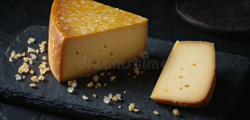 Ein atemberaubendes ultraHD-Bild eines Stücks alten Käse mit tiefgoldener Farbe, das auf einem dunklen Schieferbrett ruht vektor abbildung