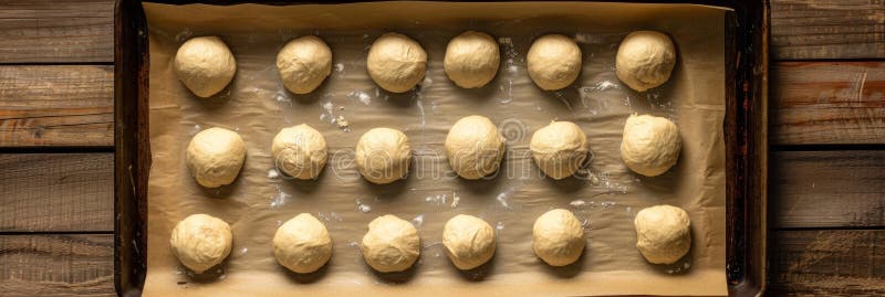 Ein Backblech mit Pergamentpapier ausgekleidet, fertig gefüllt mit Kugeln aus Buchweizen Brot Teig bereit für einen endgültigen Au stockfotografie