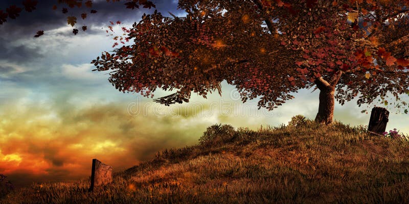 Ein Baum auf einem Hügel im Herbst stock abbildung Ein Baum auf einem Hügel im Herbst stock abbildung