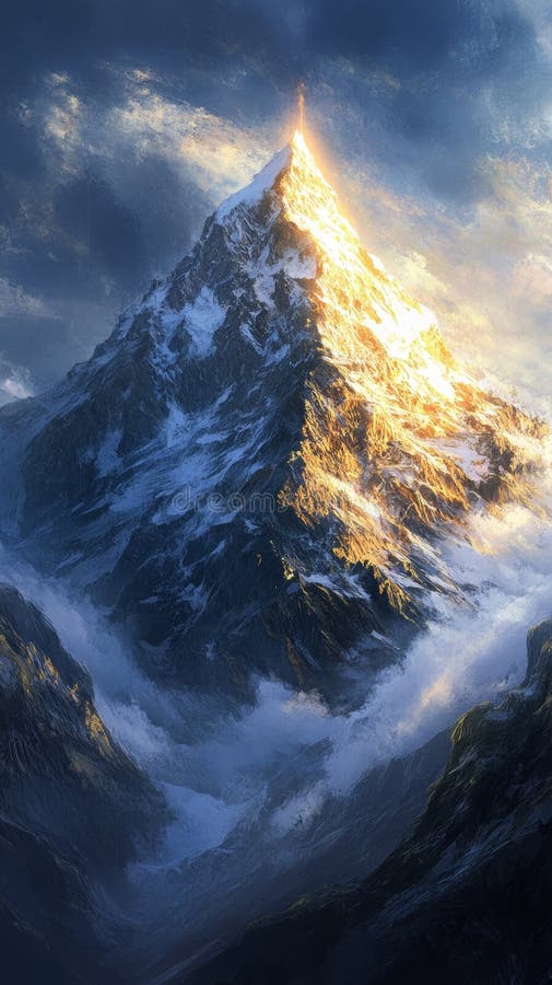 Ein Berg mit Schneeberg und Sonne, der darauf scheint. Der Berg ist von Wolken umgeben und der Himmel ist blau. Generative AI