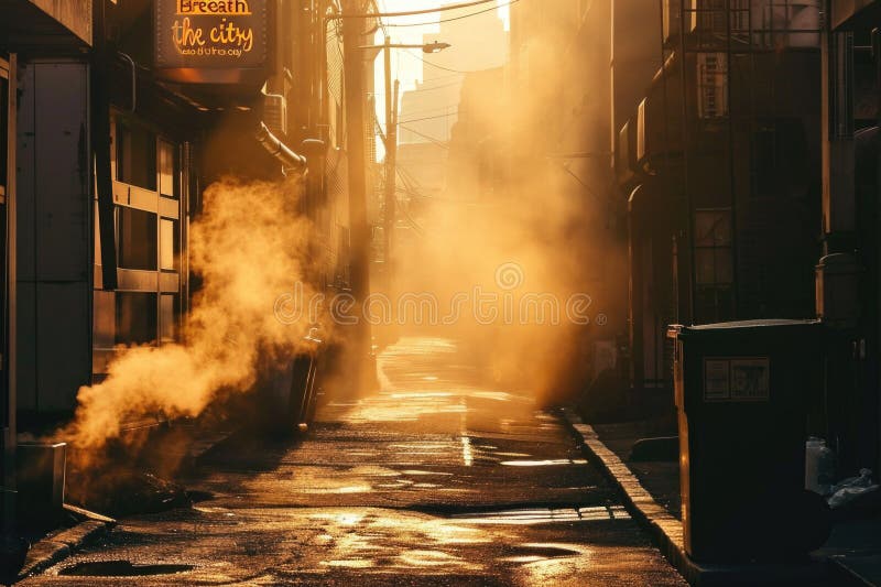 Ein Bild einer Straße, die in dicken Rauch verschlungen ist. Dieses Bild kann verwendet werden, um städtische Verschmutzung oder e stockfoto