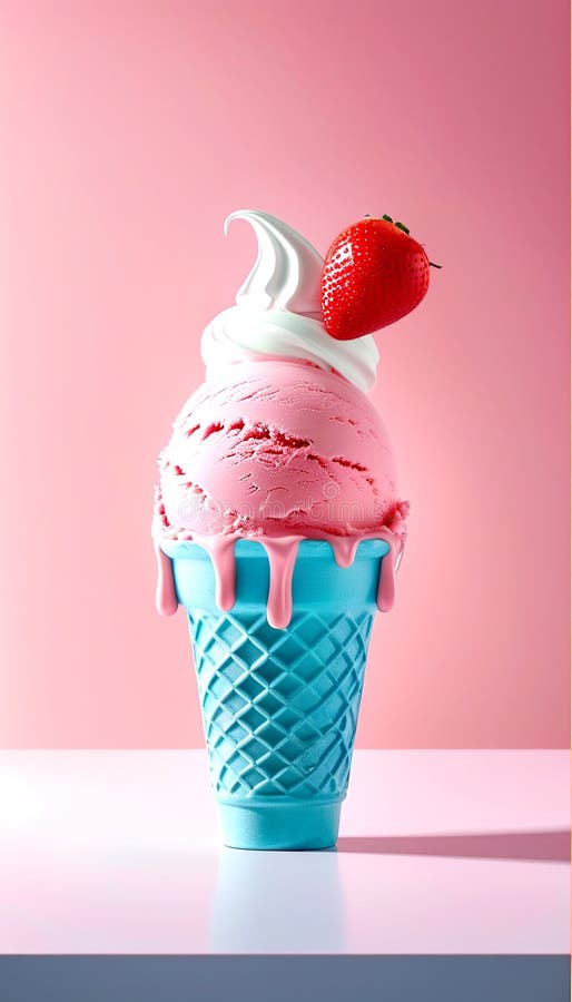 Ein blauer Kegel mit cremigem, rosa Eis stock abbildung