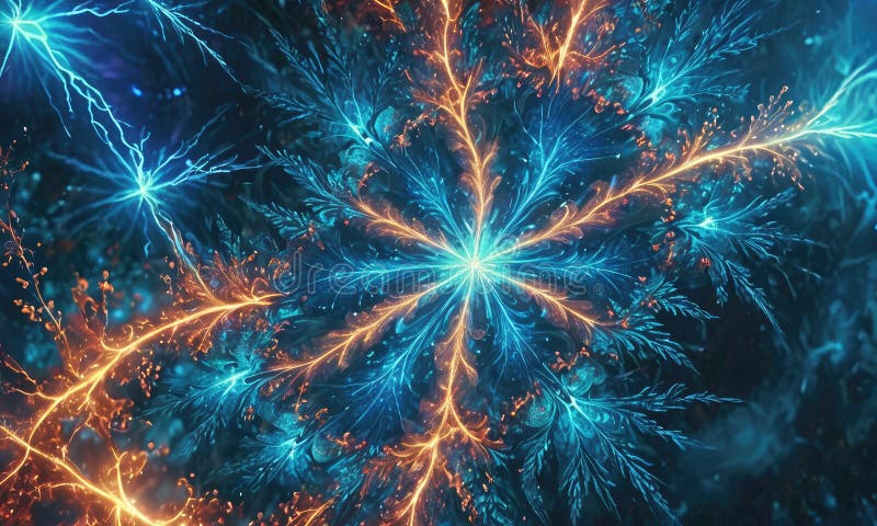 Ein blauer und orangefarbener Stern mitten in einem blau-orangen Hintergrund. Ai generiert von einer digitalen Illustration eines Starburst-Musters in den Tönen Blau und Orange mit einem zentralen leuchtblauen Stern umgeben von kleineren orangen und blauen Sternen.