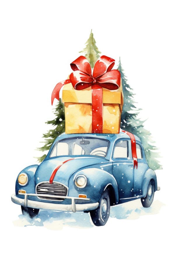 Ein blaues Auto mit einem Weihnachtsbaum oben. Perfekt für ganzheitliche Designs und Werbung. AI generiert