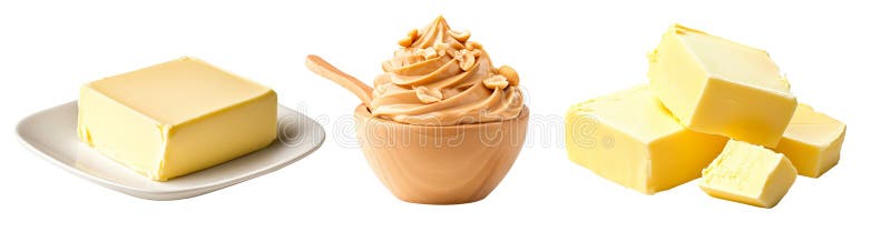 Ein Block mit cremiger Butter und Erdnussbutter, auf weißem, transparentem Hintergrund isoliert stockfotos