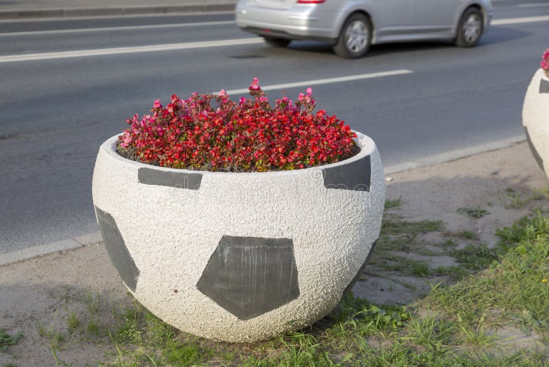 Petergof, St Petersburg, Russland - 9. August 2018: Ein Blumenbeet in Form eines Fußballs