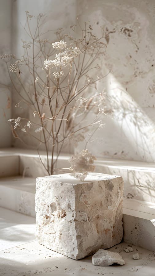 Ein Blumentopf mit getrockneten Zweigen sitzt auf einem Holzblock in einem Betonraum stockfotos