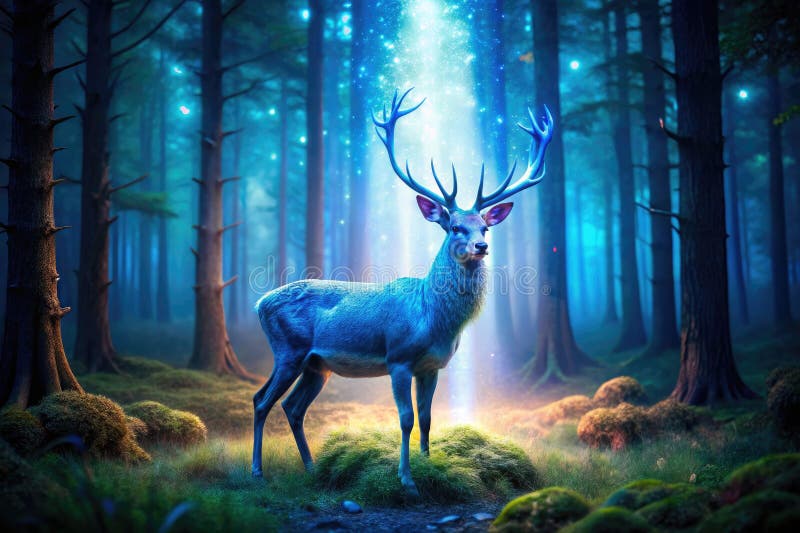 Ein blühender Hirsch leuchtet in einem mystischen Wald in einer atemberaubenden DrohneCaptured Aerial View lizenzfreie abbildung