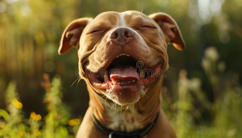 Ein brauner Hund mit rosa Zunge lächelt nach einem von mir erzeugten Bild lizenzfreie stockfotografie