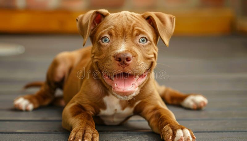 Ein brauner Hund mit rosa Zunge lächelt nach einem von mir erzeugten Bild lizenzfreie stockbilder