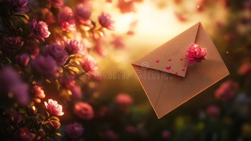 Ein brauner Umschlag flattert inmitten blühender rosa Rosen stock abbildung