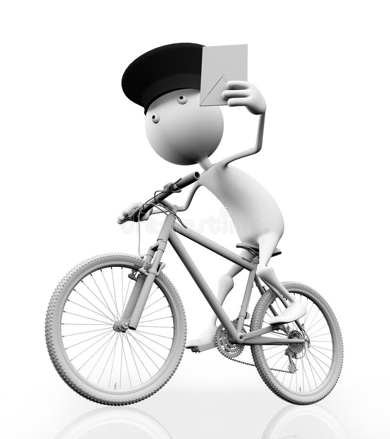Ein Briefträger auf einem Fahrrad mit einem Zeichen. Wiedergabe 3D mit Ausschnittspfad und Schatten über Weiß