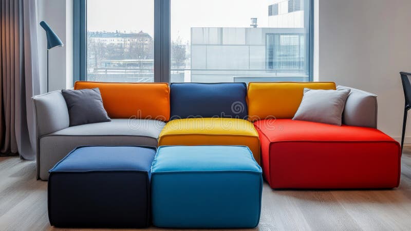 Ein farbenfrohes modulares Sofa steht vor einem großen Fenster mit Blick auf eine Stadt. Die leuchtenden Farbtöne und das moderne vektor abbildung