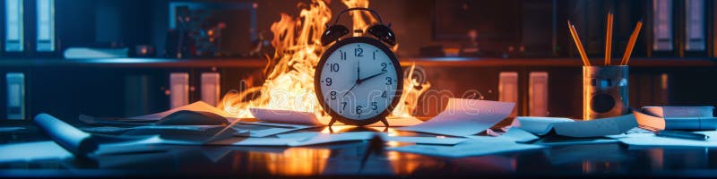 Ein Büro um Mitternacht eine einzige Uhr, die leuchtet, während Papier um sich brennt, um die Dringlichkeit einer nahenden Frist z vektor abbildung