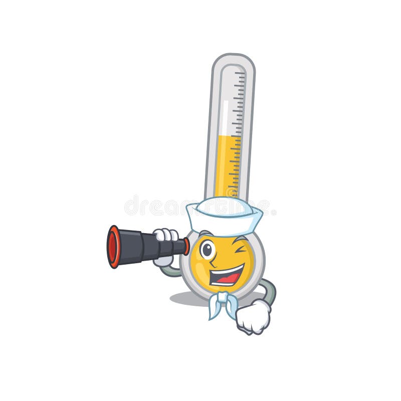 Ein Cartoon-Ikone des warmen Thermometers Sailor mit binokular