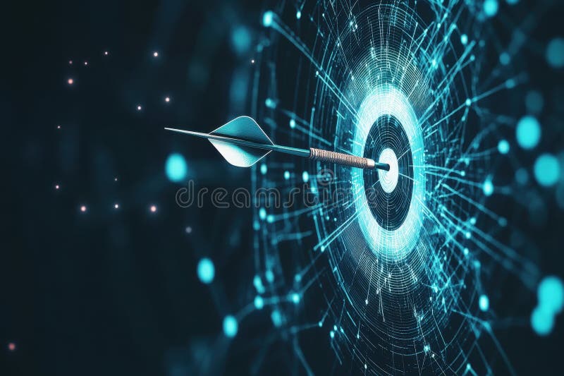 Ein computergeneriertes Bild eines Darts, der auf ein Ziel trifft stockfoto