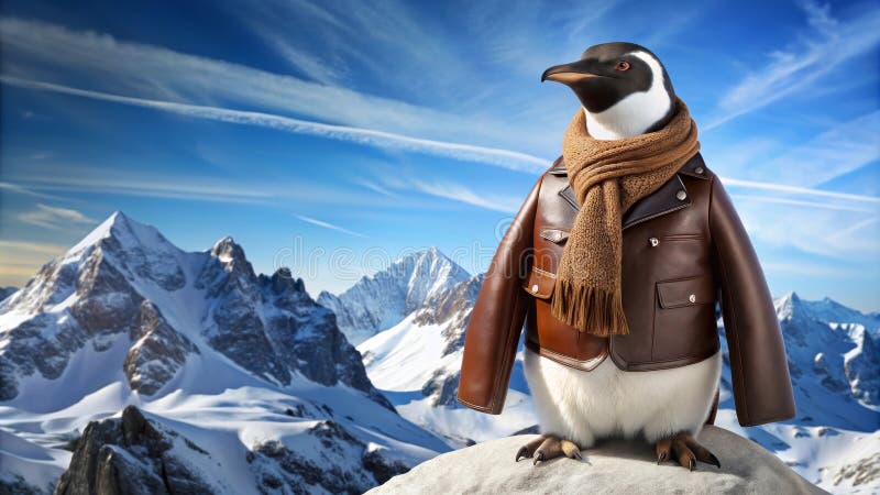 Ein Dapper Pinguin in brauner Lederjacke und Schal genießt eine atemberaubende Bergsicht. Generative AI vektor abbildung