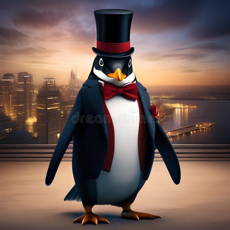Ein Dapper Pinguin, der eine Krawatte und einen Top Hut für eine formelle Veranstaltung vorführt1 stock abbildung