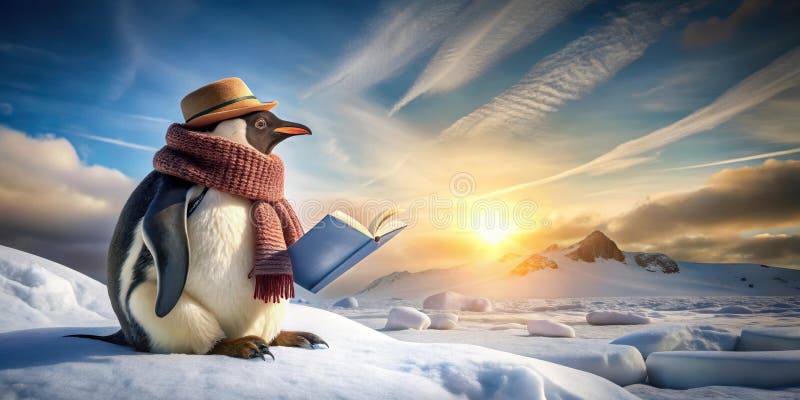 Ein Dapper Pinguin in einem Hut und Schal genießt bei Sonnenuntergang ein Buch in einer verschneiten Landschaft. Generative AI vektor abbildung