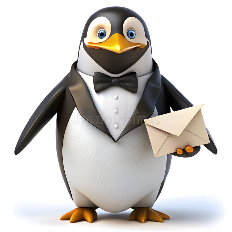 Ein Dapper Pinguin in einem Tuxedo liefert Einladungen für Hochzeiten vektor abbildung