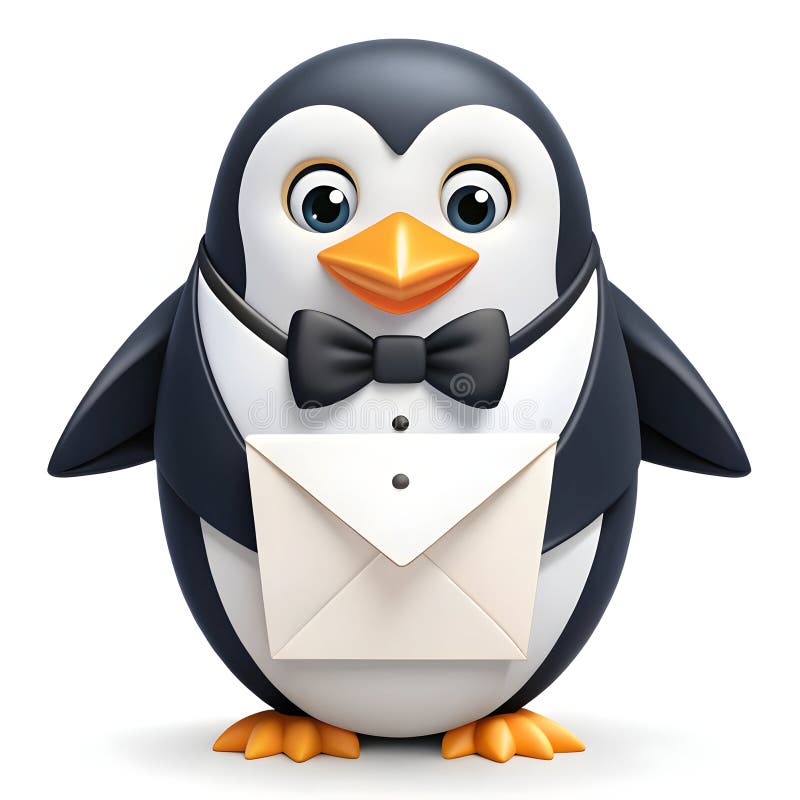 Ein Dapper Pinguin in einem Tuxedo liefert Einladungen für Hochzeiten stock abbildung