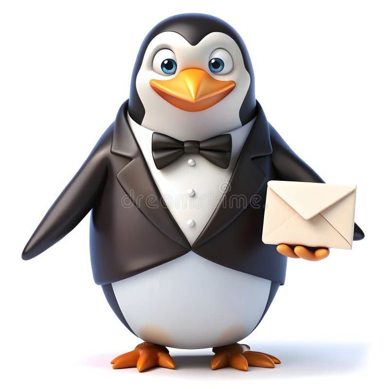 Ein Dapper Pinguin in einem Tuxedo liefert Einladungen für Hochzeiten stock abbildung